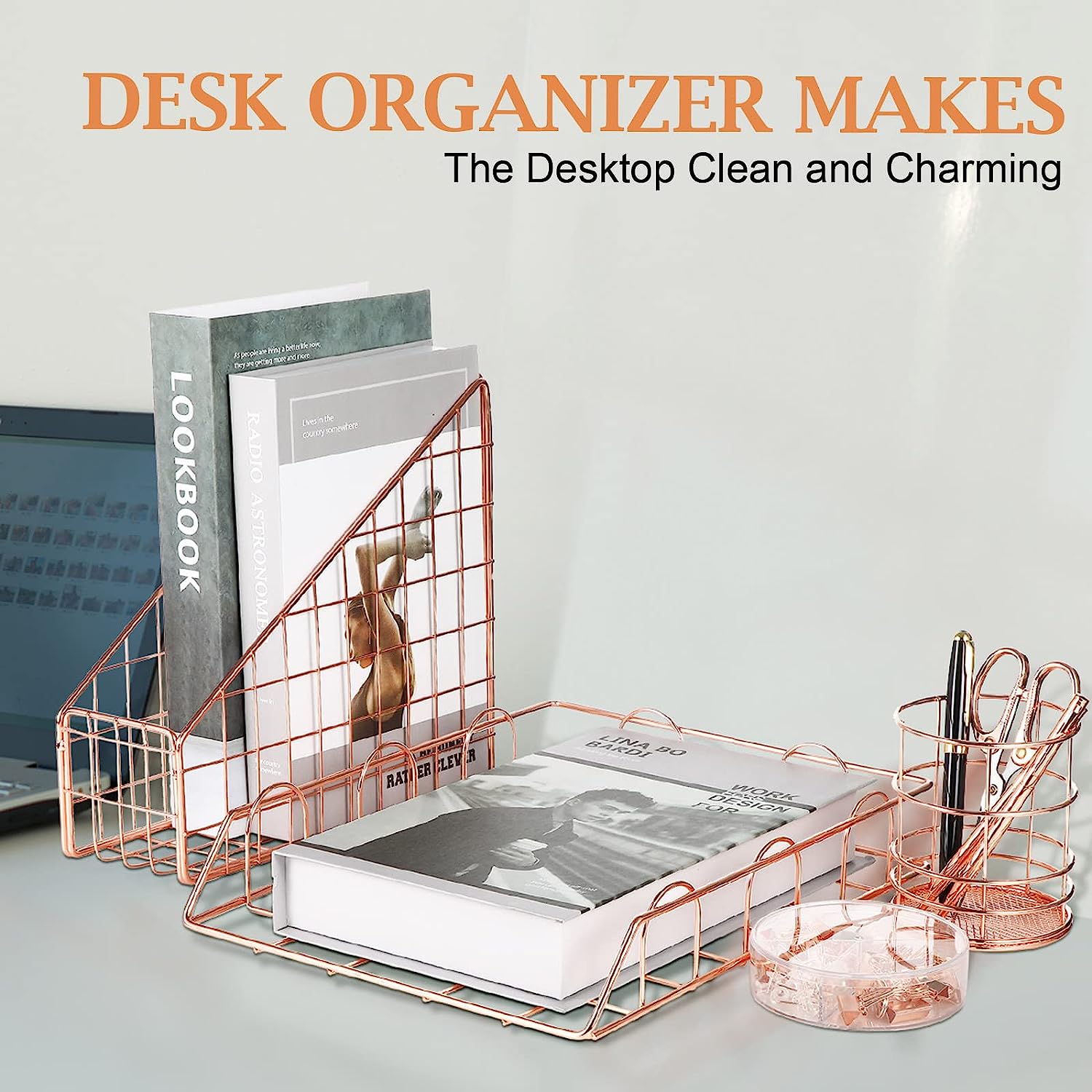 Rose Gold Desk Accessories Office Supplies Set, File Holder, Magazine File Organizer, Pen Holder, Stapler, Staple Remover, Staples, Tape Dispenser, Ballpoint Pen, Scissor, Binder Clips for Office - Image 4